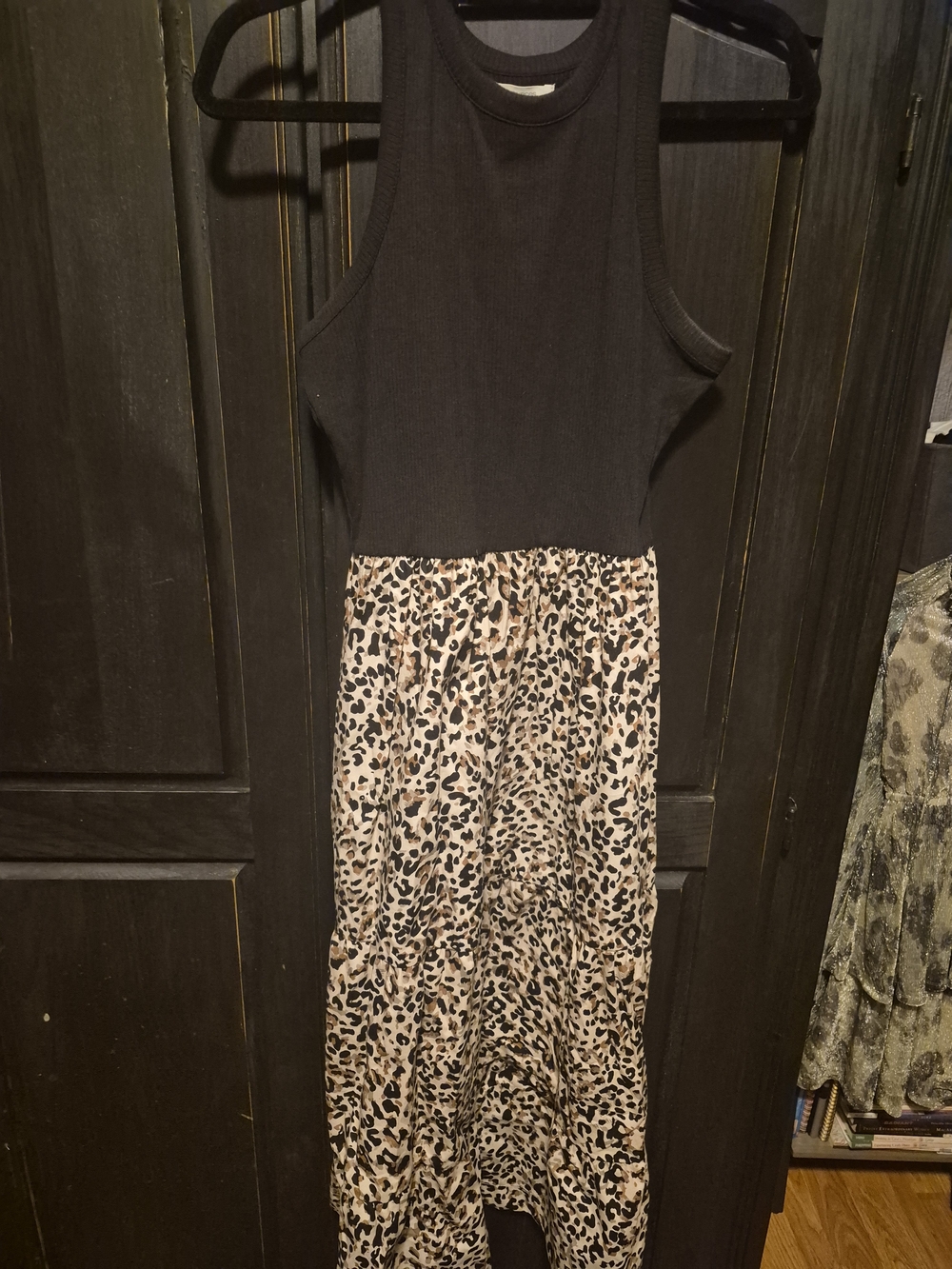 Maurices Black Ribbed Tank Maxi Dress with Leopard Print Skirt